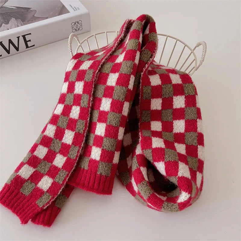 -キッズマフラー ネックウォーマー ニットスカーフ チェック柄さくらんぼチェリー柄 - mamahalo shop - ネックウォーマー -  べビー服 - 子供服 - 男の子 - 女の子