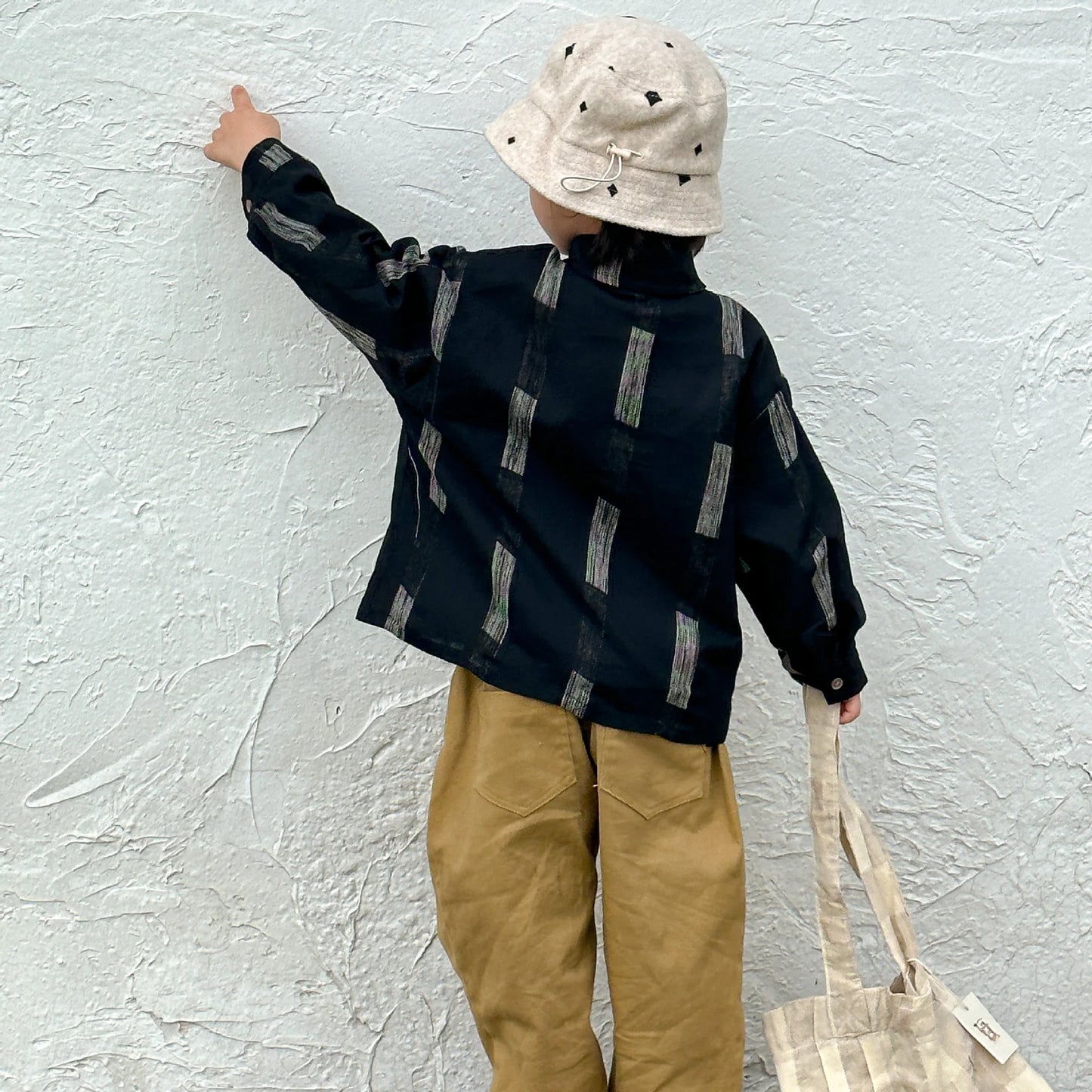 -キッズトップス レトロストライプ長袖オーバーシャツ ブラック - mamahalo shop - 長袖シャツ・ブラウス -  べビー服 - 子供服 - 男の子 - 女の子