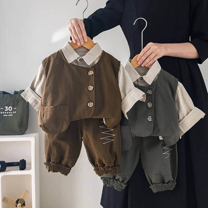 -キッズセットアップ 3点セット 長袖シャツ+アシメボタンベスト+ステッチアクセントロングパンツ 2カラー - mamahalo shop - 長袖セットアップ -  べビー服 - 子供服 - 男の子 - 女の子