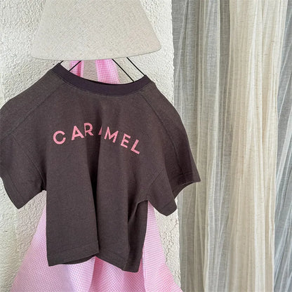 -キッズトップス 半袖プリントTシャツ CARAMEL レターロゴ 2カラー - mamahalo shop - 半袖Tシャツ -  べビー服 - 子供服 - 男の子 - 女の子