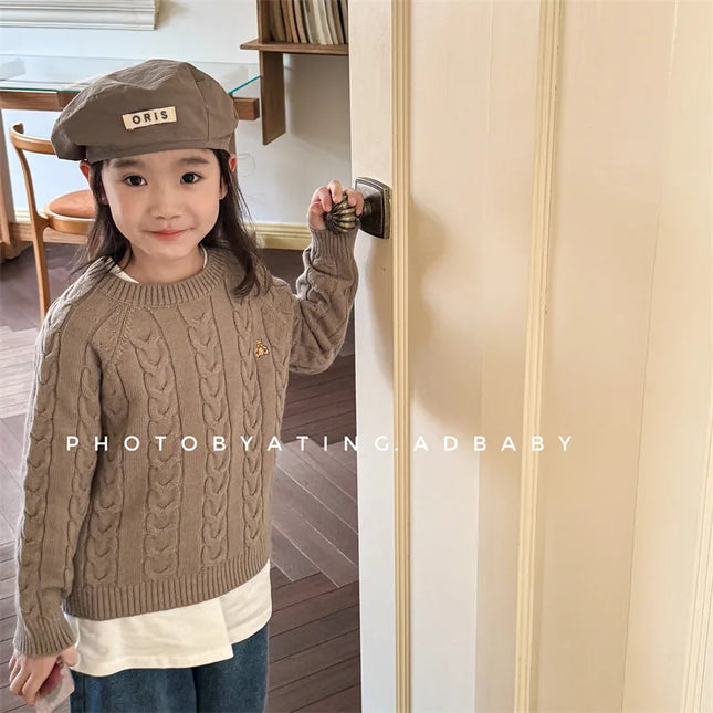 キッズトップス アランニットケーブル編みベアくま刺繍長袖セーター - mamahalo shop - ニット・セーター -  べビー服 - 子供服 - 男の子 - 女の子