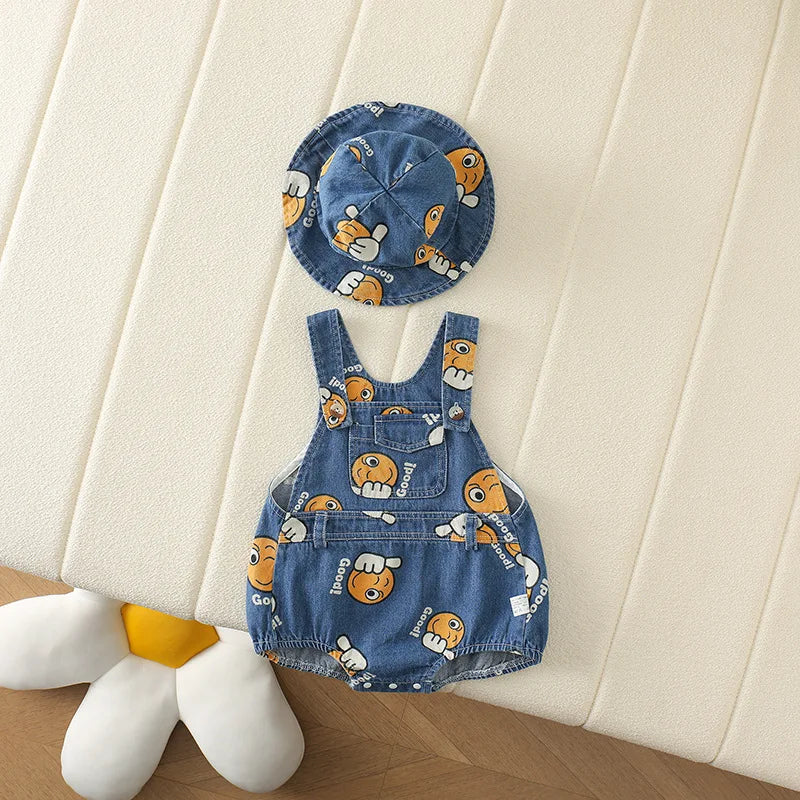 -ベビーオーバーオール 帽子セット デニムサスペンダーボディスーツ バケットハット スマイルプリント【mh0005768】 - mamahalo shop - ノースリーブロンパース -  べビー服 - 子供服 - 男の子 - 女の子