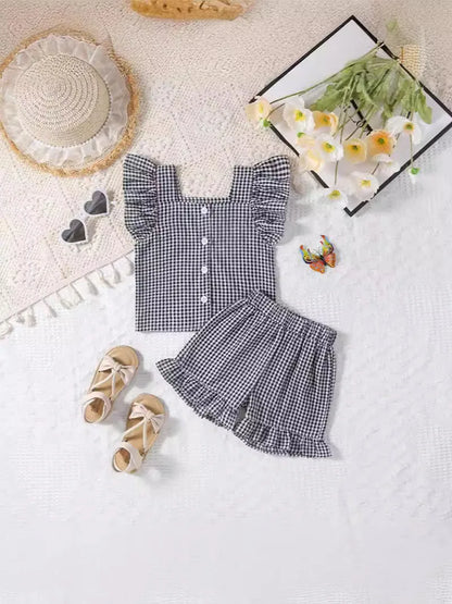 -ベビーセットアップ 2点セット フリルスリーブブラウス+ショートパンツ チェック 2カラー【mh0005857】 - mamahalo shop - 半袖セットアップ -  べビー服 - 子供服 - 男の子 - 女の子