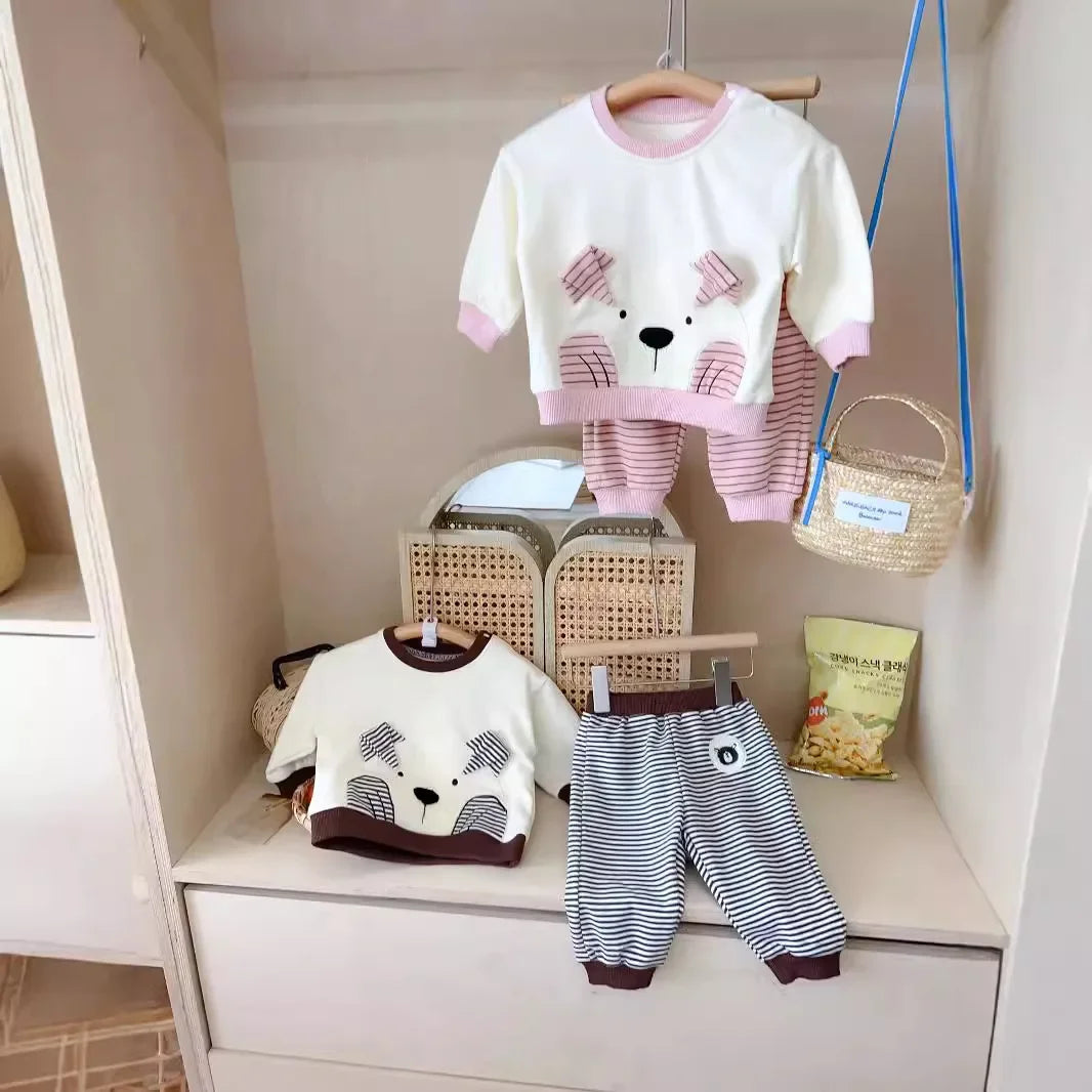 -ベビーキッズセットアップ 2点セット ベアくまアップリケ長袖Tシャツ+ボーダーロングパンツ 2カラー - mamahalo shop - 長袖セットアップ -  べビー服 - 子供服 - 男の子 - 女の子
