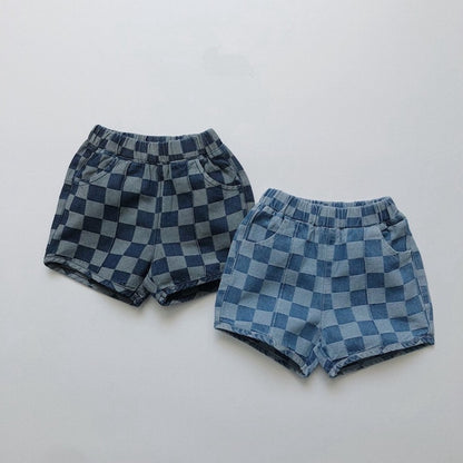 -キッズ チェッカー チェック デニム ショートパンツ ライトブルー ダークブルー ボーイズ - mamahalo shop - ハーフパンツ・ショートパンツ -  べビー服 - 子供服 - 男の子 - 女の子
