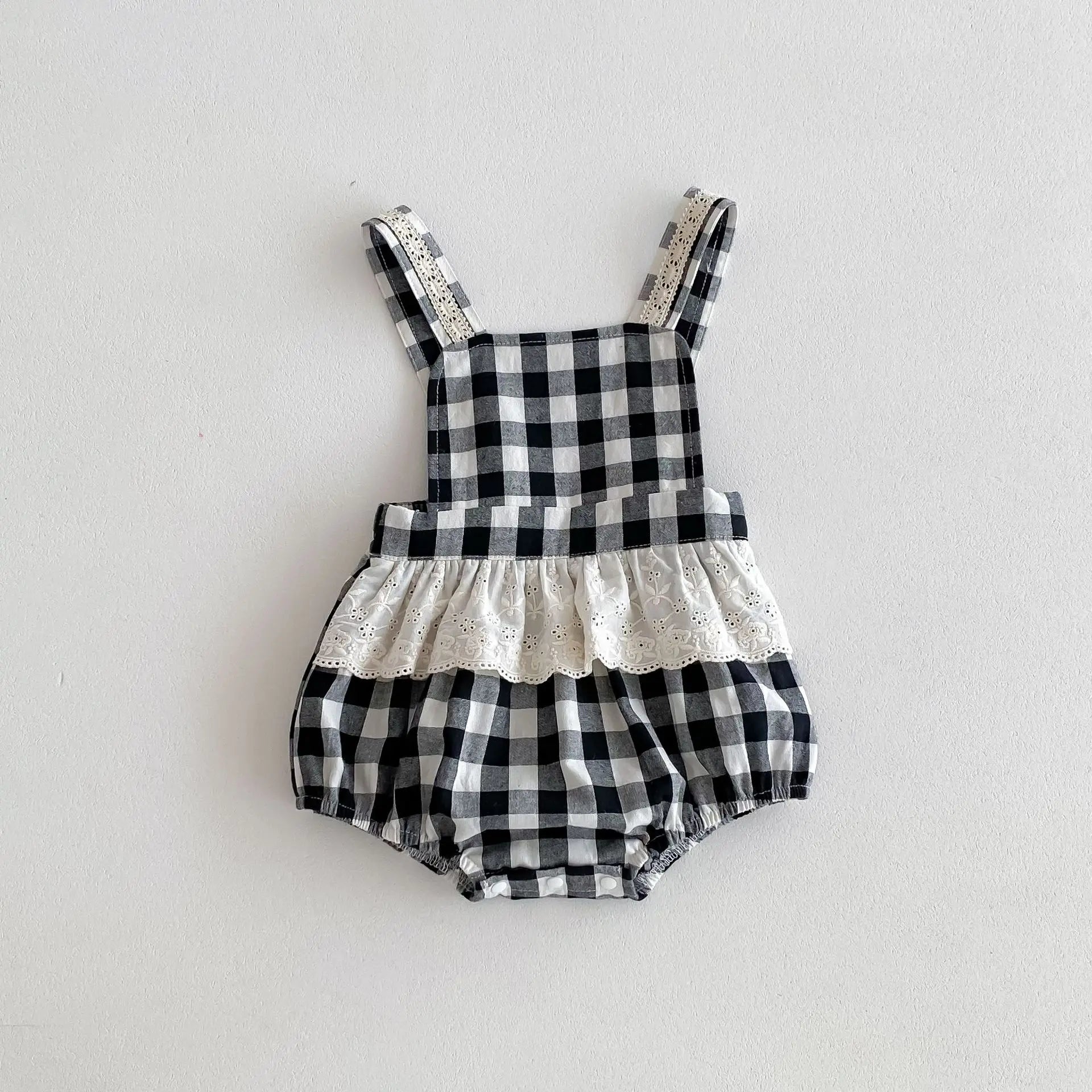 -ベビーセットアップ 2点セット 半袖パフスリーブブラウス+チェックフリルサスペンダーロンパース【mh0005219】 - mamahalo shop - ロンパースセットアップ -  べビー服 - 子供服 - 男の子 - 女の子