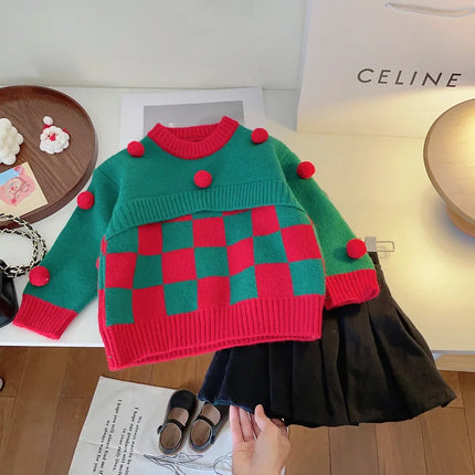 キッズトップス クリスマスカラーチェックぽんぽん付きニットセーター - mamahalo shop - ニット・セーター -  べビー服 - 子供服 - 男の子 - 女の子