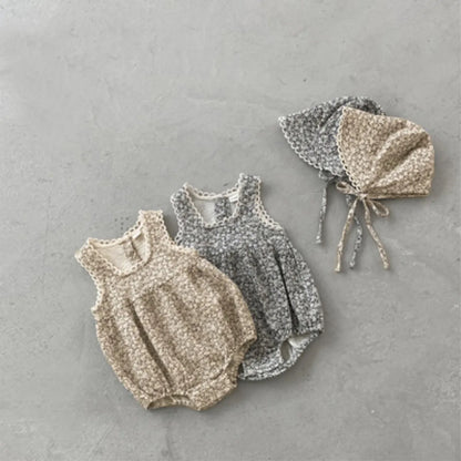 -ベビーロンパース+帽子セット フラワープリントノースリーブボディスーツ+お揃いボンネット帽子 - mamahalo shop - ノースリーブロンパース -  べビー服 - 子供服 - 男の子 - 女の子