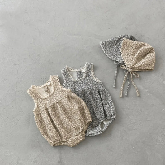 -ベビーロンパース+帽子セット フラワープリントノースリーブボディスーツ+お揃いボンネット帽子 - mamahalo shop - ノースリーブロンパース -  べビー服 - 子供服 - 男の子 - 女の子