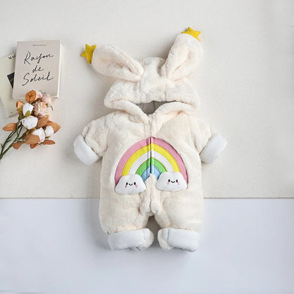 -ベビーアウタージャンプスーツ うさぎ バニー 耳付きフーディロンパース フリース ピンク ホワイト 2カラー ユニセックス 男の子 女の子 子供服 - mamahalo shop - アウタージャンプスーツ -  べビー服 - 子供服 - 男の子 - 女の子