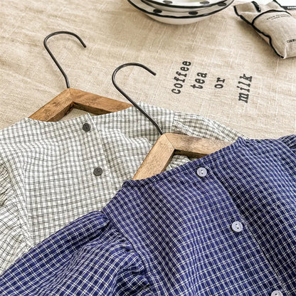 -キッズトップス 長袖パフスリーブブラウス チュニック チェック柄 ベージュ/ブルー/2カラー - mamahalo shop - 長袖シャツ・ブラウス -  べビー服 - 子供服 - 男の子 - 女の子