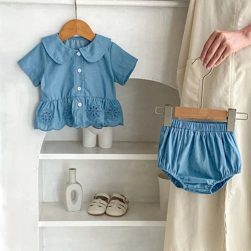 -ベビーセットアップ 2点セット 半袖ペプラムブラウス+ブルマパンツ ブルー【mh0006265】 - mamahalo shop - 半袖セットアップ -  べビー服 - 子供服 - 男の子 - 女の子