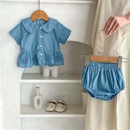 -ベビーセットアップ 2点セット 半袖ペプラムブラウス+ブルマパンツ ブルー【mh0006265】 - mamahalo shop - 半袖セットアップ -  べビー服 - 子供服 - 男の子 - 女の子