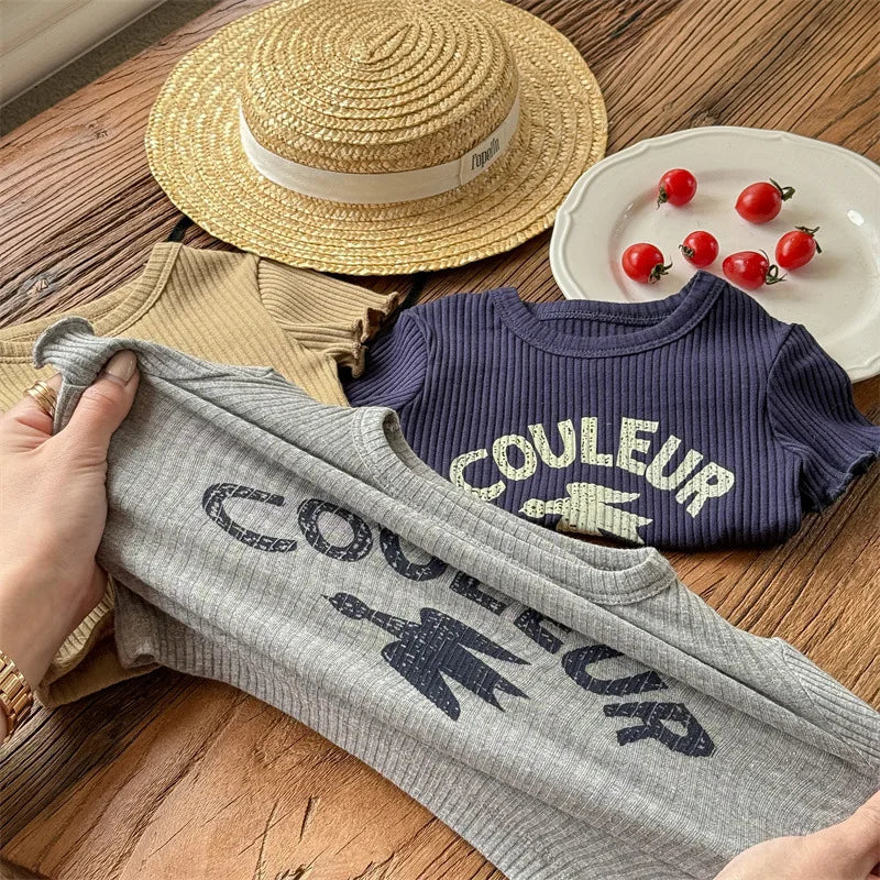 -キッズトップス 半袖リブTシャツ レターロゴプリント 3カラー - mamahalo shop - 半袖Tシャツ -  べビー服 - 子供服 - 男の子 - 女の子