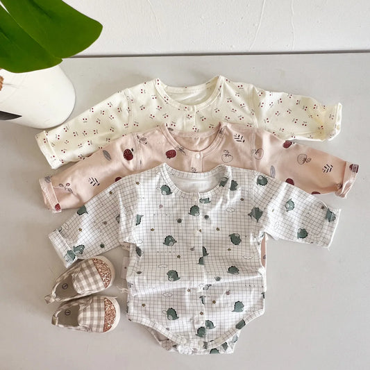 -ベビーロンパース プリント柄フロントボタン長袖ボディスーツ 3カラー【mh0006786】 - mamahalo shop - 長袖ロンパース -  べビー服 - 子供服 - 男の子 - 女の子