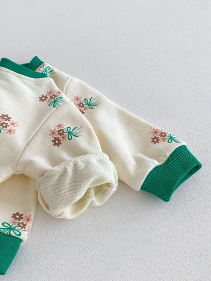 -ベビーキッズセットアップ 2点セット スウェットシャツ+ロングパンツ レトロバイピング フラワープリント - mamahalo shop - 長袖セットアップ -  べビー服 - 子供服 - 男の子 - 女の子