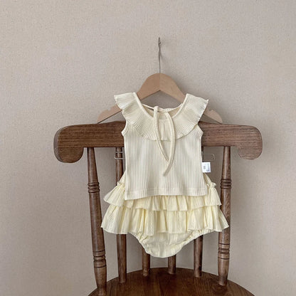 -ベビーセットアップ 2点セット サークル襟ノースリーブトップス+フリルブルマパンツ ベージュ - mamahalo shop - ノースリーブセットアップ -  べビー服 - 子供服 - 男の子 - 女の子