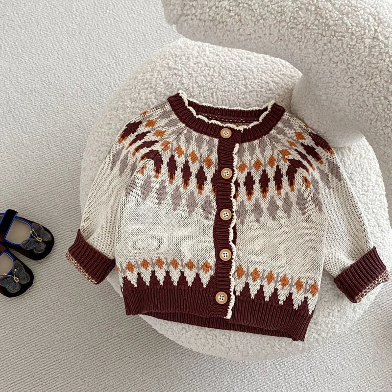 -ベビーカーディガン/ロンパース レトロ幾何学ニットジャケット/サスペンダーニットボディスーツ【mh0006984】 - mamahalo shop - ロンパースセットアップ -  べビー服 - 子供服 - 男の子 - 女の子