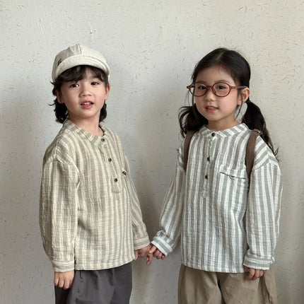 キッズトップス ストライプノーカラー長袖シャツ - mamahalo shop - 長袖シャツ・ブラウス -  べビー服 - 子供服 - 男の子 - 女の子