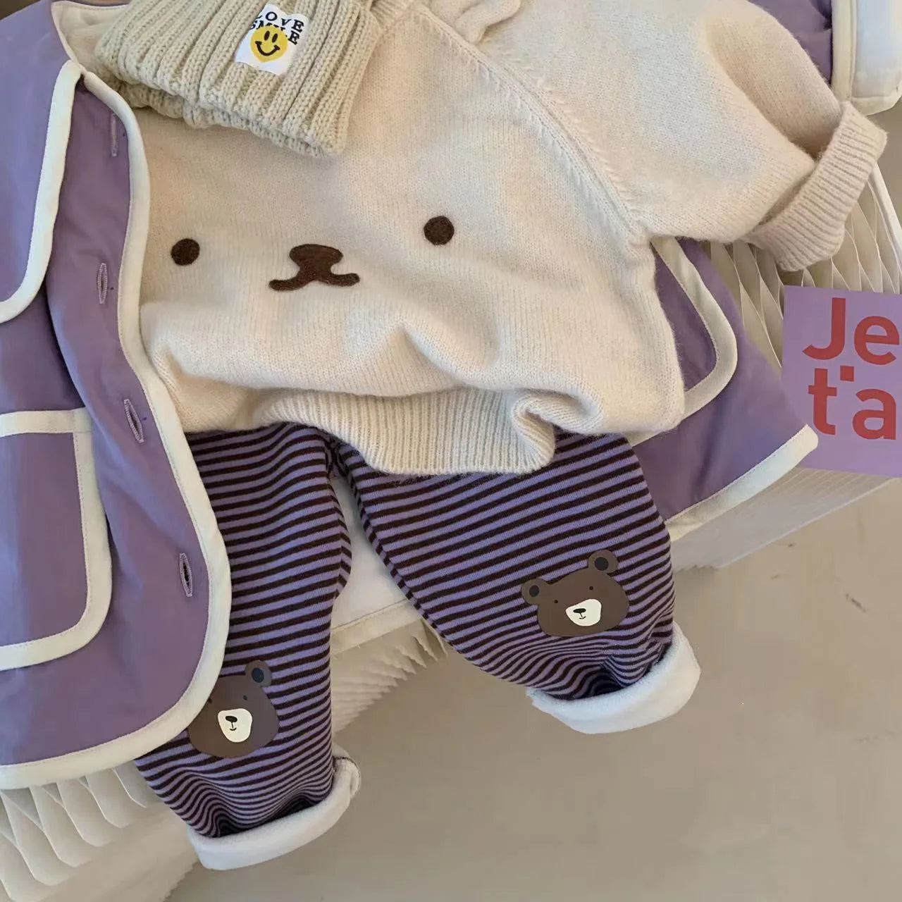 -ベビーパンツ ベアくま膝パッチボーダー裏ボアフリースレギンスパンツ 3カラー - mamahalo shop - レギンスパンツ -  べビー服 - 子供服 - 男の子 - 女の子