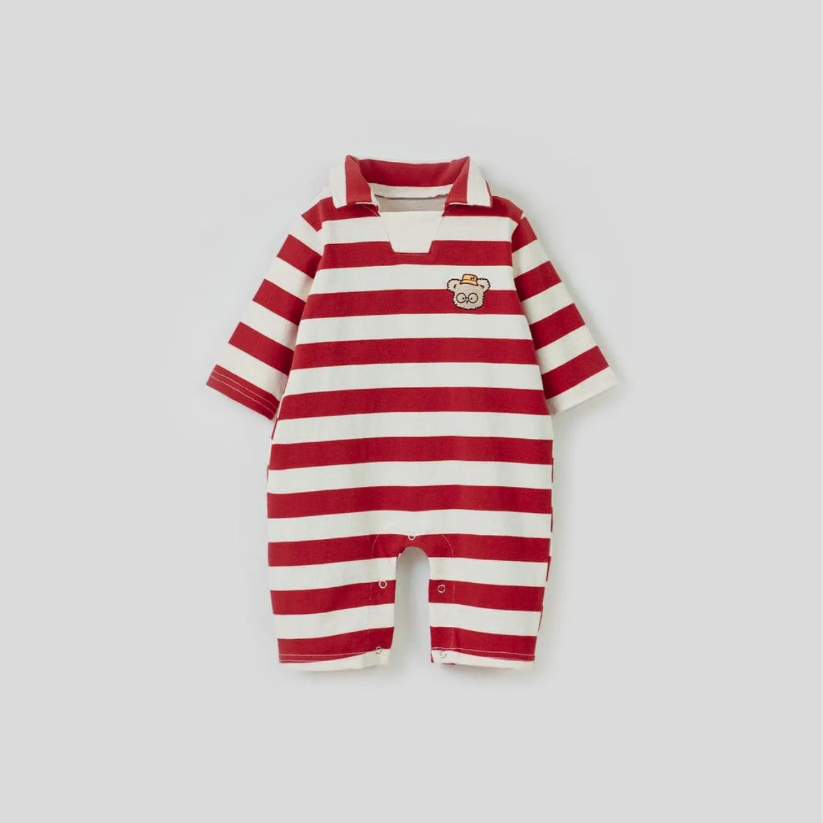 -ベビージャンプスーツ ベアくまワッペンボーダーラガー襟長袖ロンパース 2カラー - mamahalo shop - 長袖ロンパース -  べビー服 - 子供服 - 男の子 - 女の子