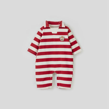 -ベビージャンプスーツ ベアくまワッペンボーダーラガー襟長袖ロンパース 2カラー - mamahalo shop - 長袖ロンパース -  べビー服 - 子供服 - 男の子 - 女の子