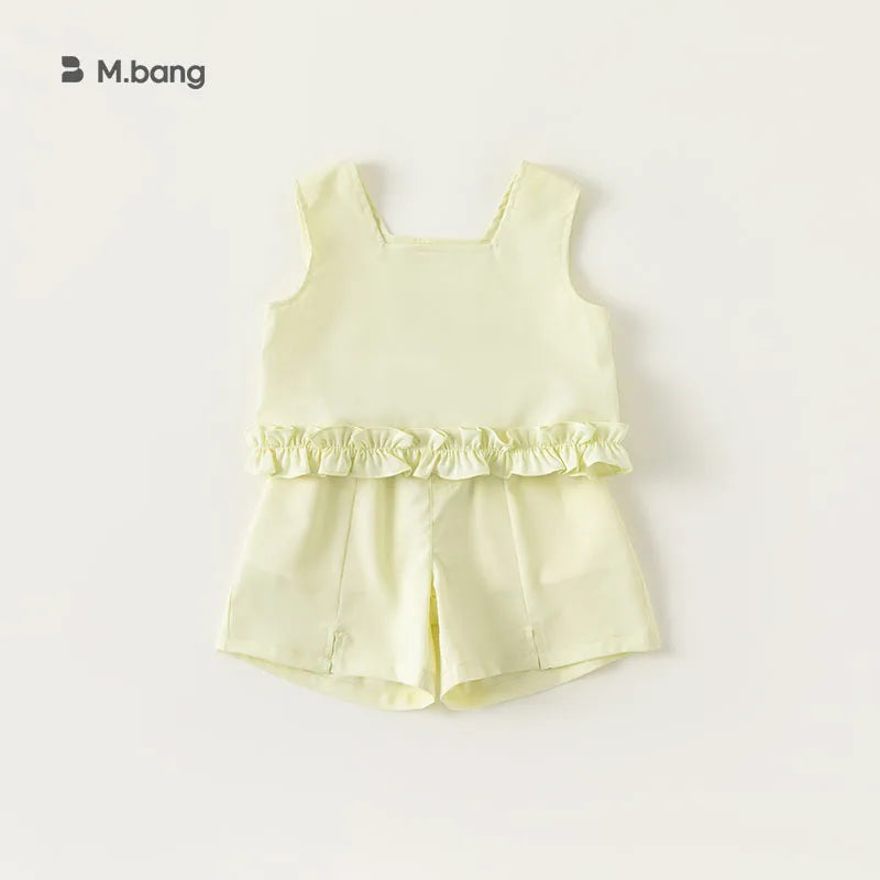 -キッズセットアップ 2点セット ノースリーブ裾フリルブラウス+スリットショートパンツ 2カラー【mh0005244】 - mamahalo shop - ノースリーブセットアップ -  べビー服 - 子供服 - 男の子 - 女の子