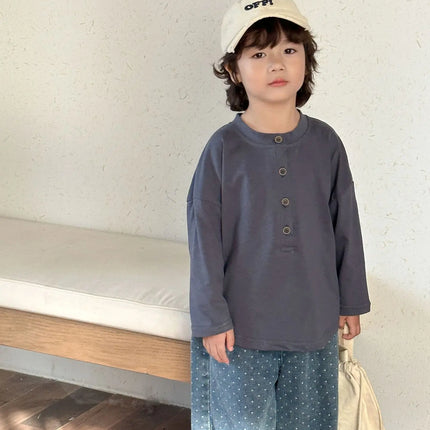 キッズトップス ヘンリーネックシンプル長袖Tシャツ - mamahalo shop - 長袖Tシャツ -  べビー服 - 子供服 - 男の子 - 女の子