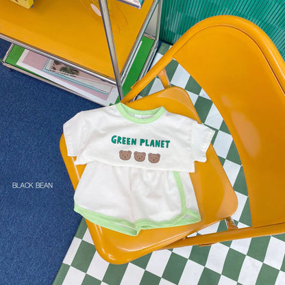 -ベビーセットアップ 2点セット 半袖Tシャツ+ショートパンツ ベアくまプリント 3カラー【mh0005602】 - mamahalo shop - 半袖セットアップ -  べビー服 - 子供服 - 男の子 - 女の子