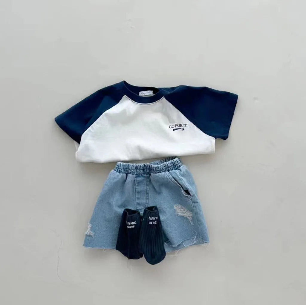 -ベビートップス 半袖パッチワークTシャツ ラグラン レターロゴプリント 2カラー【mh0005470】 - mamahalo shop - 半袖Tシャツ -  べビー服 - 子供服 - 男の子 - 女の子