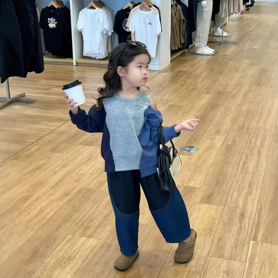 -キッズトップス/パンツ オープンショルダーパッチワークアシメ長袖スウェットシャツ/パッチワークバナナデニムパンツジーンズ【mh0007371】 - mamahalo shop - 長袖セットアップ -  べビー服 - 子供服 - 男の子 - 女の子