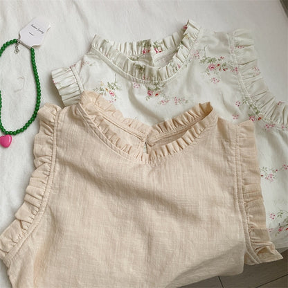 -キッズ フラワー 小花柄 無地 ラッフルフリル ノースリーブ ブラウス トップス アプリコットベージュ ホワイト ガールズ - mamahalo shop - タンクトップ・キャミソール・ノースリーブトップス -  べビー服 - 子供服 - 男の子 - 女の子