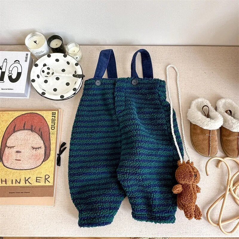 -キッズ フリースサロペットパンツ サスペンダーパンツ ボーダー ブルー コーヒー 2カラー ユニセックス 男の子 女の子 子供服 - mamahalo shop - サロペットパンツ・サスペンダーパンツ -  べビー服 - 子供服 - 男の子 - 女の子