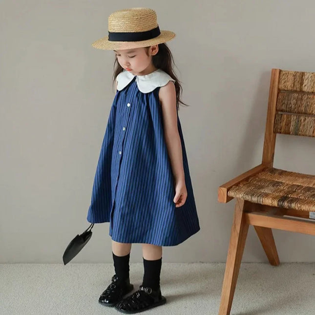 ☺︎ キッズワンピース 襟付きストライプ ノースリーブワンピース ブルー - mamahalo shop - ノースリーブワンピース -  べビー服 - 子供服 - 男の子 - 女の子