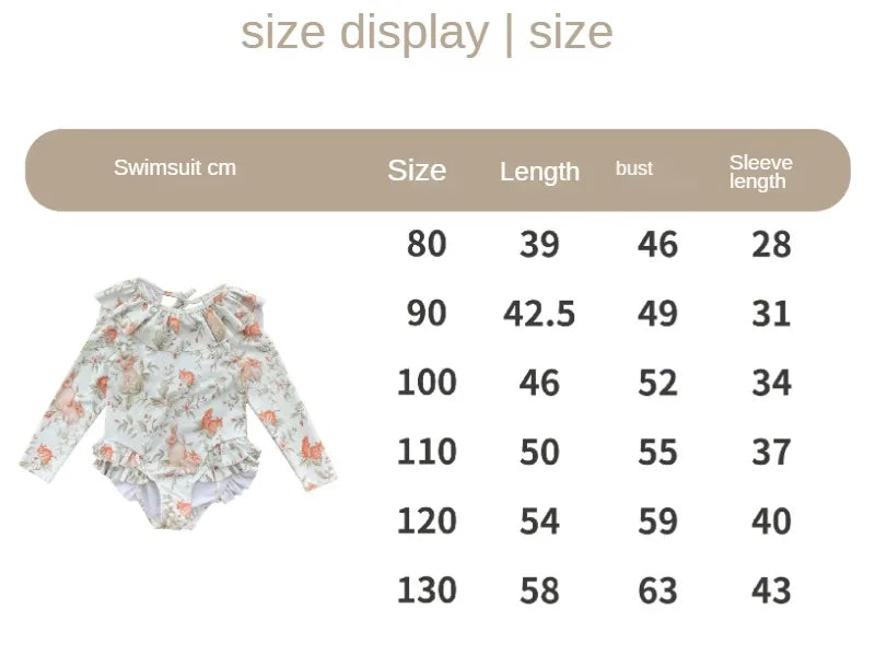 -キッズ水着 ガールズ 長袖ワンピース+帽子セット フリル ラビットうさぎプリント スイムウェア【mh0005985】 - mamahalo shop - ベビー用水着 -  べビー服 - 子供服 - 男の子 - 女の子