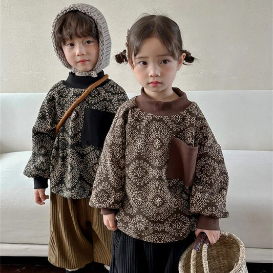 -キッズスウェットシャツ 裏ボアフリース ボヘミアン柄 幾何学 フラワープリント トレーナー ハーフタートルネック スタンドカラー ブラック コーヒー 2カラー ユニセックス 男の子 女の子 子供服 - mamahalo shop - トレーナー・フーディ -  べビー服 - 子供服 - 男の子 - 女の子