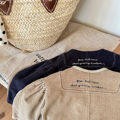 -キッズ レターロゴ 刺繍 コーデュロイ 長袖 パフスリーブ ジャケット コート アウター ガールズ【mh0002607】 - mamahalo shop - ショートコート・ジャケット・ジャンパー -  べビー服 - 子供服 - 男の子 - 女の子