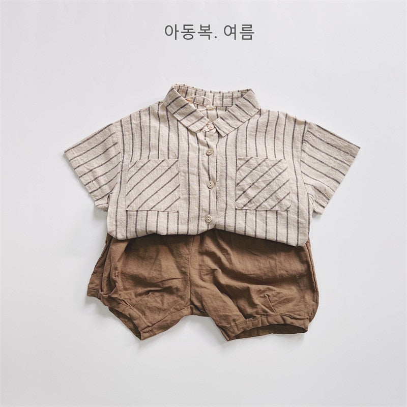 -キッズ ストライプ セットアップ 半袖 シャツ ブラウス ショートパンツ ベージュ ボーイズ - mamahalo shop - 半袖セットアップ -  べビー服 - 子供服 - 男の子 - 女の子