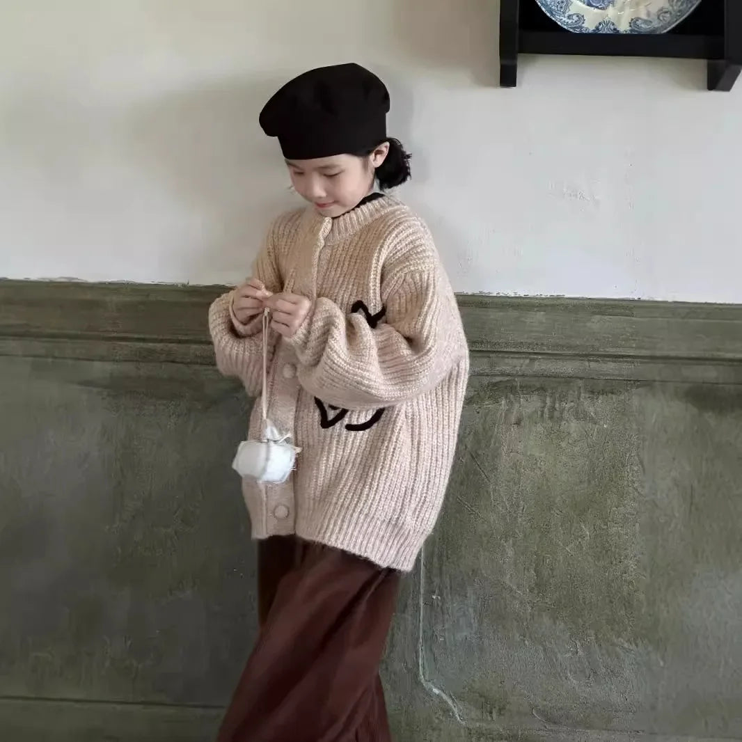 -キッズカーディガン アートフラワールーズニットジャケット アプリコット - mamahalo shop - カーディガン・パーカー -  べビー服 - 子供服 - 男の子 - 女の子