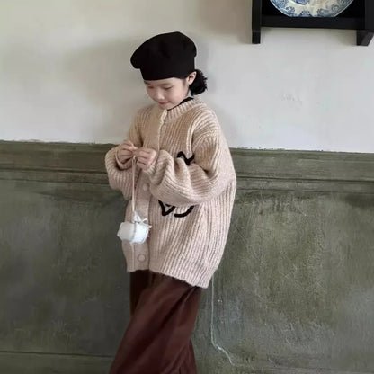 -キッズカーディガン アートフラワールーズニットジャケット アプリコット - mamahalo shop - カーディガン・パーカー -  べビー服 - 子供服 - 男の子 - 女の子