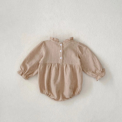 -ベビーロンパース スタンドフリルカラーレース長袖ボディスーツ 2カラー - mamahalo shop - 長袖ロンパース -  べビー服 - 子供服 - 男の子 - 女の子