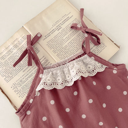 -ベビー サロペット 水玉 ドット キャミソール サスペンダーパンツ レース オレンジピンク ガールズ 女の子 子供服 7792 - mamahalo shop - サロペットパンツ・サスペンダーパンツ -  べビー服 - 子供服 - 男の子 - 女の子