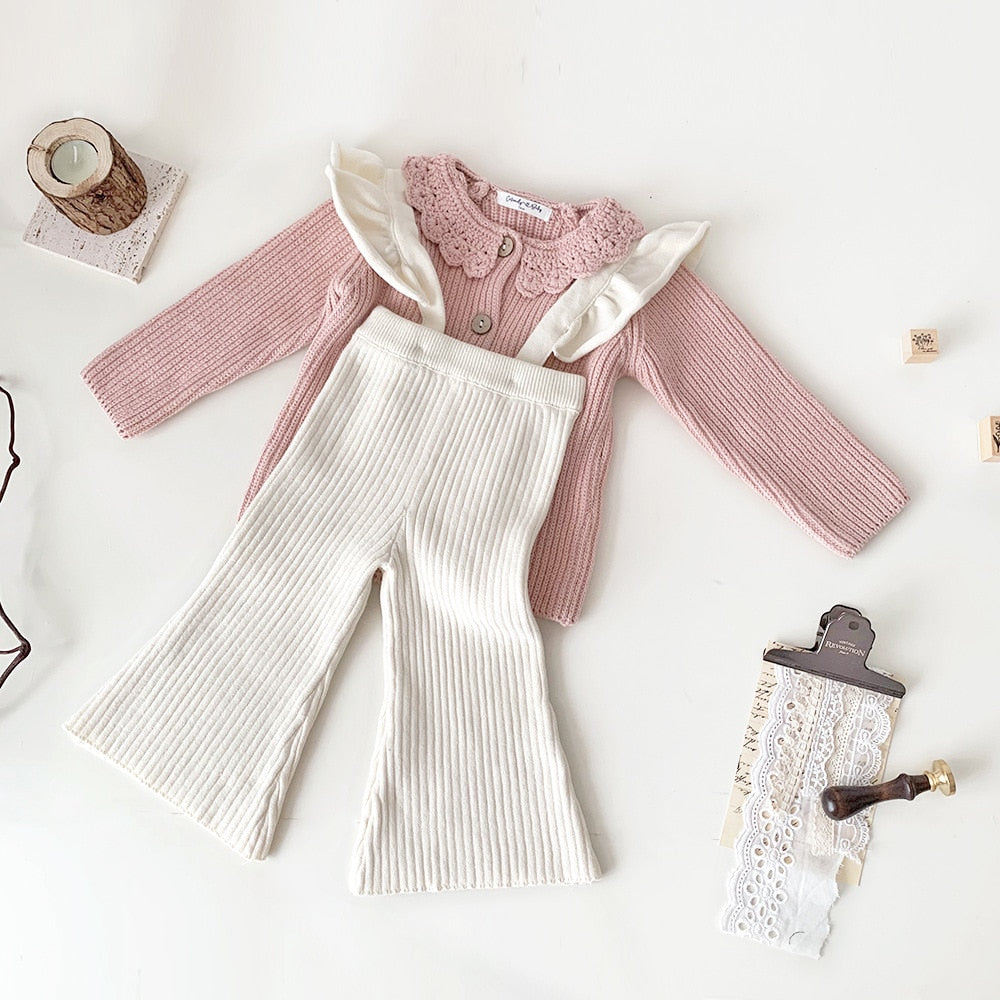 -ベビー キッズ サスペンダーパンツ ニット フリルショルダー サロペットパンツ ワイド フレアパンツ ベージュ ブラウン 2カラー ガールズ 女の子 子供服 - mamahalo shop - サロペットパンツ・サスペンダーパンツ -  べビー服 - 子供服 - 男の子 - 女の子