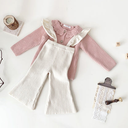 -ベビー キッズ サスペンダーパンツ ニット フリルショルダー サロペットパンツ ワイド フレアパンツ ベージュ ブラウン 2カラー ガールズ 女の子 子供服 - mamahalo shop - サロペットパンツ・サスペンダーパンツ -  べビー服 - 子供服 - 男の子 - 女の子