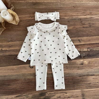 -ベビーパジャマセット 長袖ショルダーフリルTシャツ+ロングパンツ+ヘアバンド ハートプリント【mh0006354】 - mamahalo shop - 長袖パジャマ -  べビー服 - 子供服 - 男の子 - 女の子