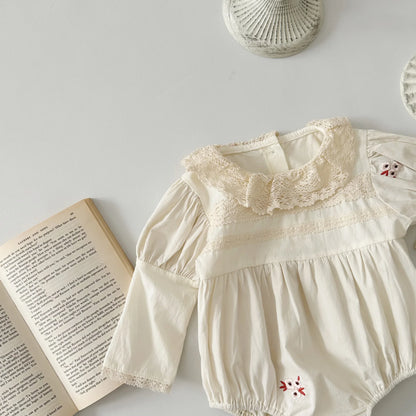 -ベビーロンパース 長袖パフスリーブボディスーツ レース襟 フラワー花柄刺繍 ベージュ【mh0004663】 - mamahalo shop - 長袖ロンパース -  べビー服 - 子供服 - 男の子 - 女の子