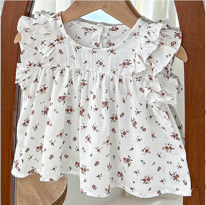 -ベビートップス バタフライスリーブ フリル ノースリーブチュニックブラウス フラワー花柄プリント 2カラー - mamahalo shop - タンクトップ・キャミソール・ノースリーブトップス -  べビー服 - 子供服 - 男の子 - 女の子