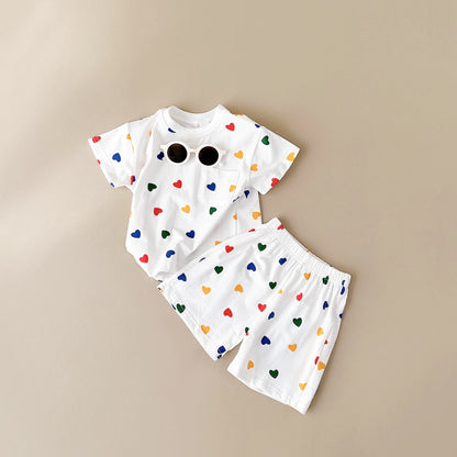 -ベビーキッズセットアップ 2点セット 半袖Tシャツ+ショートパンツ チェック/カラフルハートプリント【mh0005638】 - mamahalo shop - 半袖セットアップ -  べビー服 - 子供服 - 男の子 - 女の子