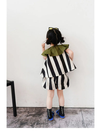 -キッズ ストライプ セットアップ フリルカラー 半袖 ブラウス バルーン ショートパンツ - mamahalo shop - ノースリーブセットアップ -  べビー服 - 子供服 - 男の子 - 女の子