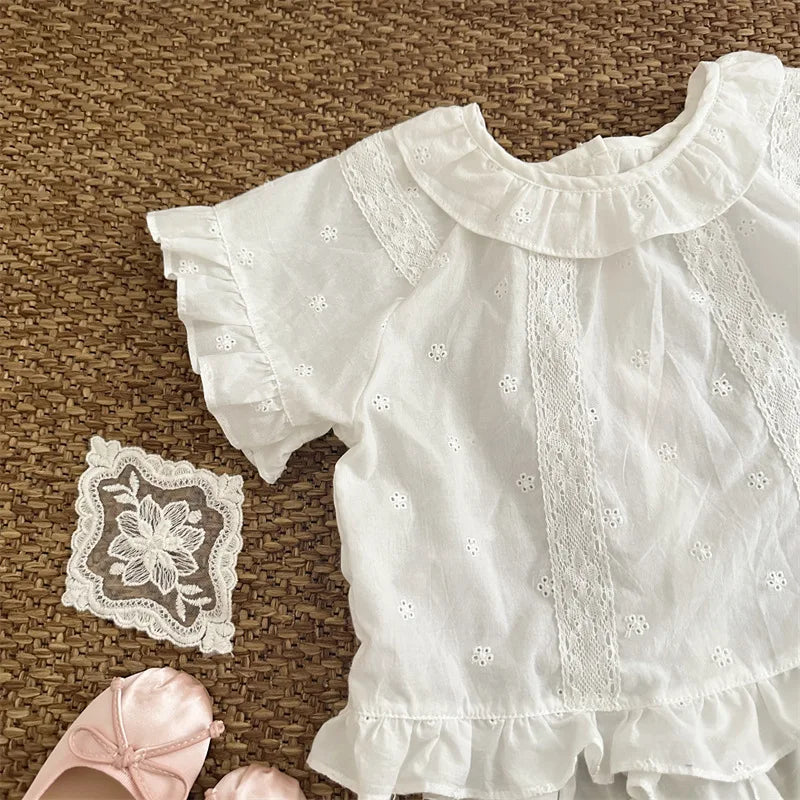 -キッズトップス 半袖ブラウス レース刺繍 ベージュ - mamahalo shop - 半袖シャツ・ブラウス -  べビー服 - 子供服 - 男の子 - 女の子